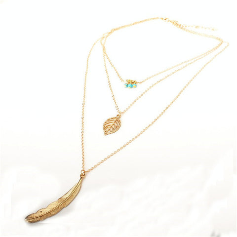 Necklaces Leaf Long Pendant Necklaces 3 Layer