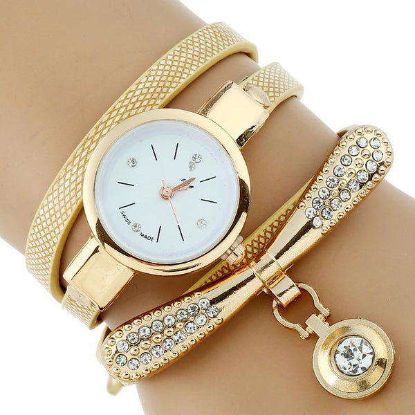 Women Rhinestone Gold Bracelet Watch Pu Leather Ladies Quartz Casual Wristwatch